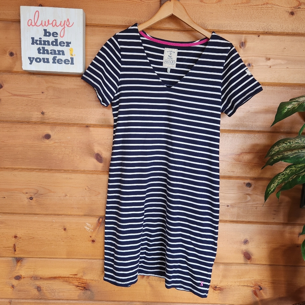JOULES 💜 Riviera VNeck Jersey Shirt Dress Nautical Harbour Navy White Stripe 10